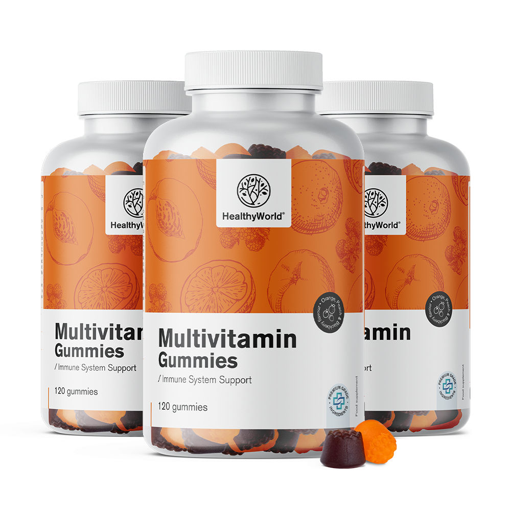 Multivitamins in the form of gummy candies with 3 flavors.